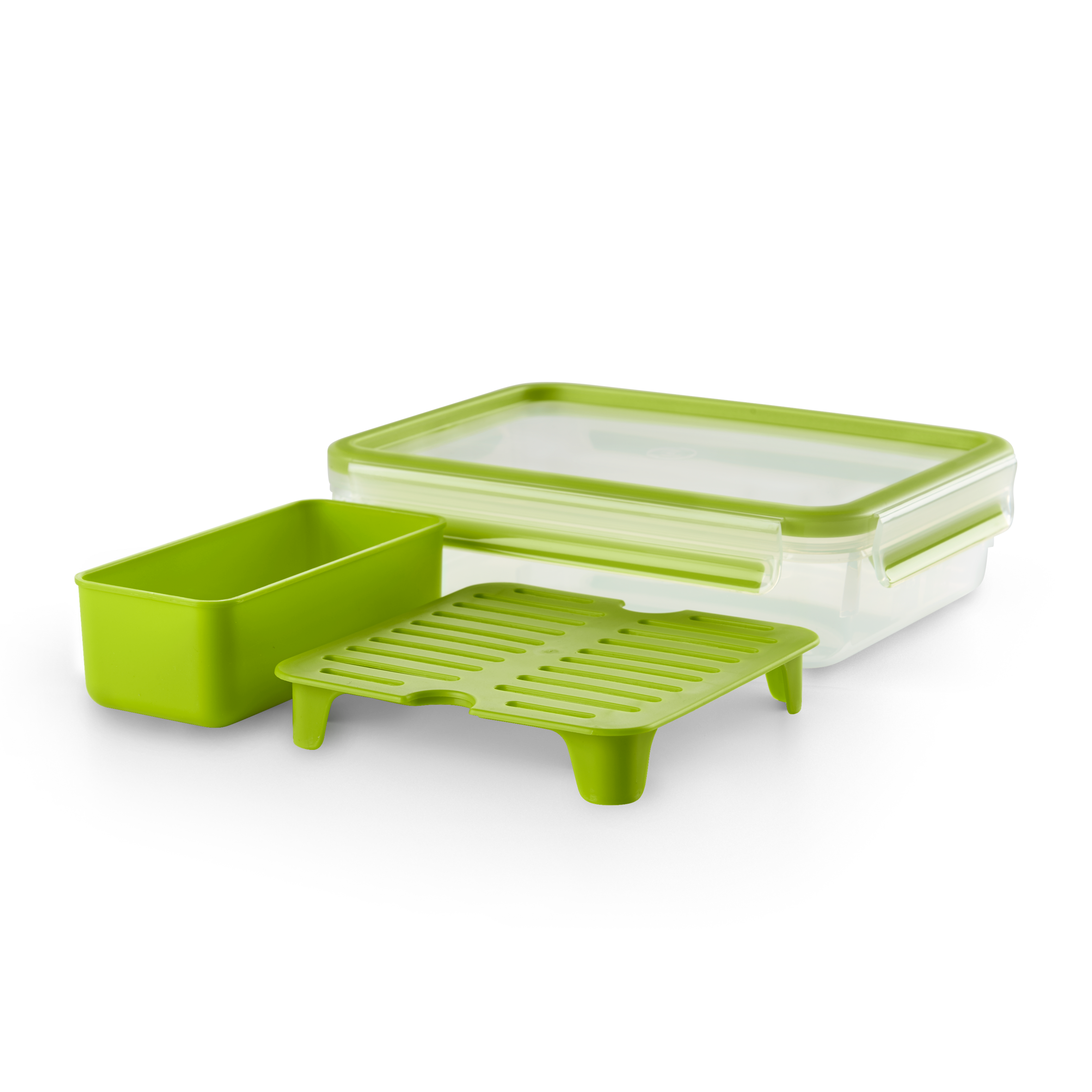 Masterseal To Go, Hermético de plástico con compartimento, 1,2 L, Soporte de rejilla para crear 2 alturas, Verde