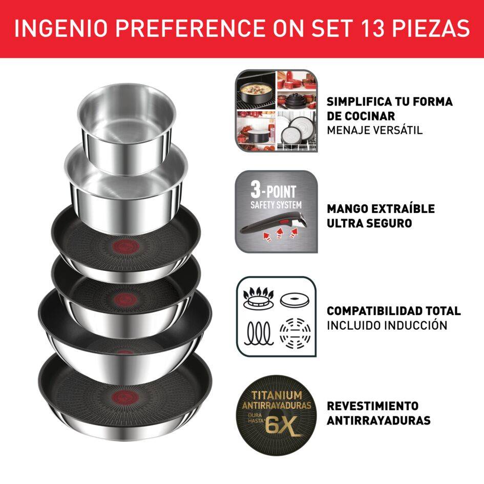 Ingenio Preference On, Set de cocina 13 piezas + 2 Mangos extraíbles, Acero inoxidable 18/10, Revestimiento antiadherente, Inducción
