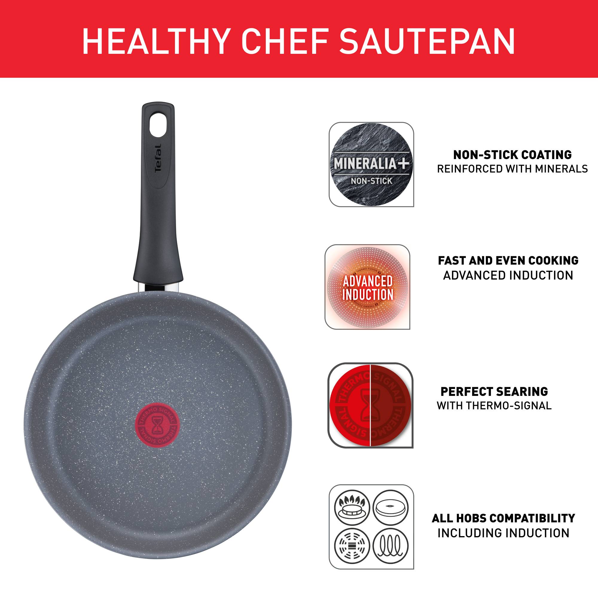 Healthy Chef, Sartén Guisera 24 cm, Tapa de Cristal, Revestimiento antiadherente, Inducción, Gris