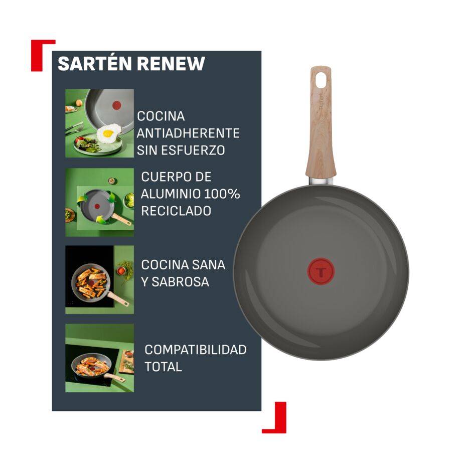 Renew, Sartén 20 cm, Revestimiento cerámico antiadherente, Cuerpo de aluminio 100% reciclado, Thermo-Signal, Compatible con inducción