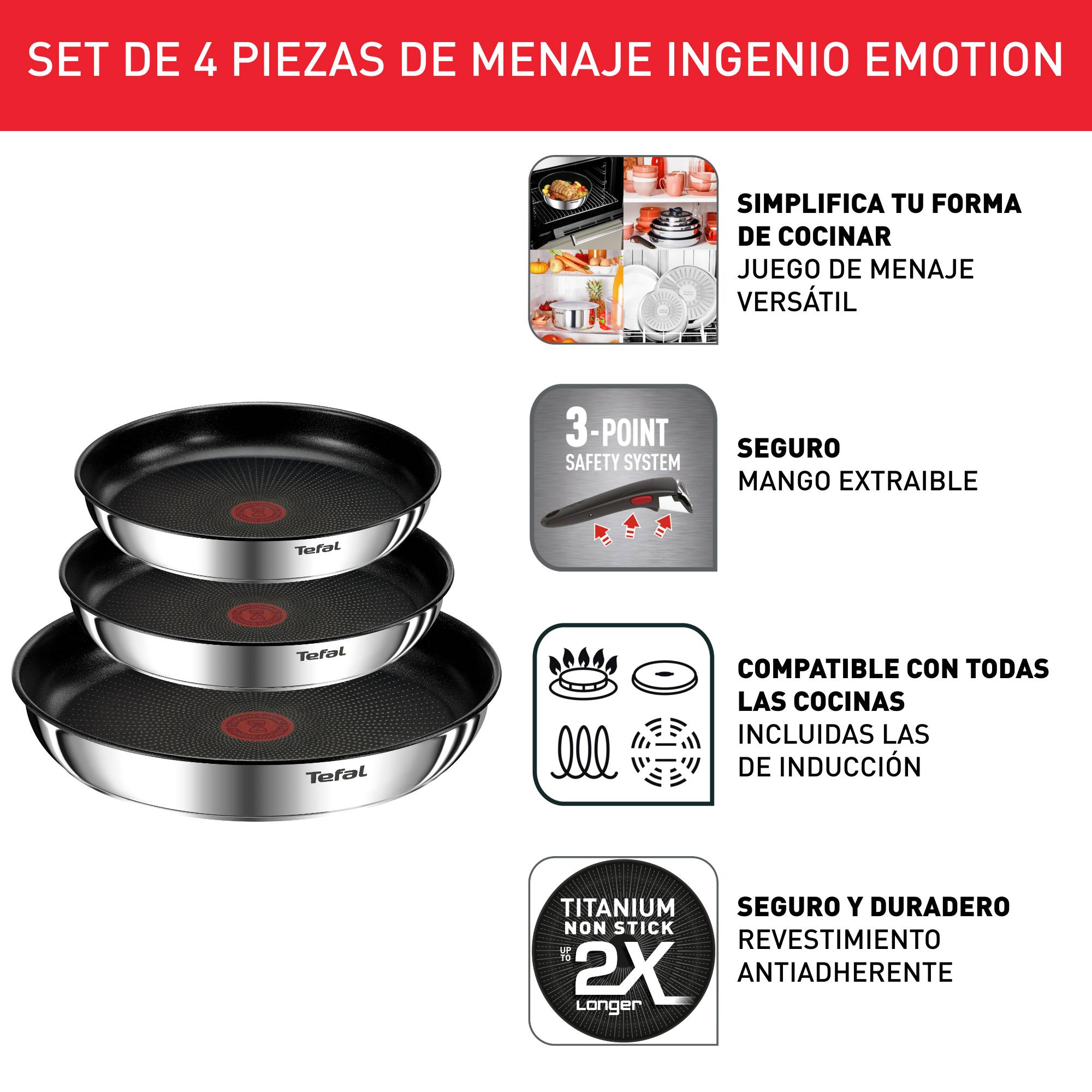 Ingenio Emotion, Sartenes de 22/24/28 cm + Mango extraíble, Acero inoxidable 18/10, Revestimiento antiadherente, Apilable, Inducción