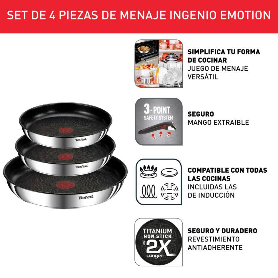 Ingenio Emotion, Sartenes de 22/24/28 cm + Mango extraíble, Acero inoxidable 18/10, Revestimiento antiadherente, Apilable, Inducción