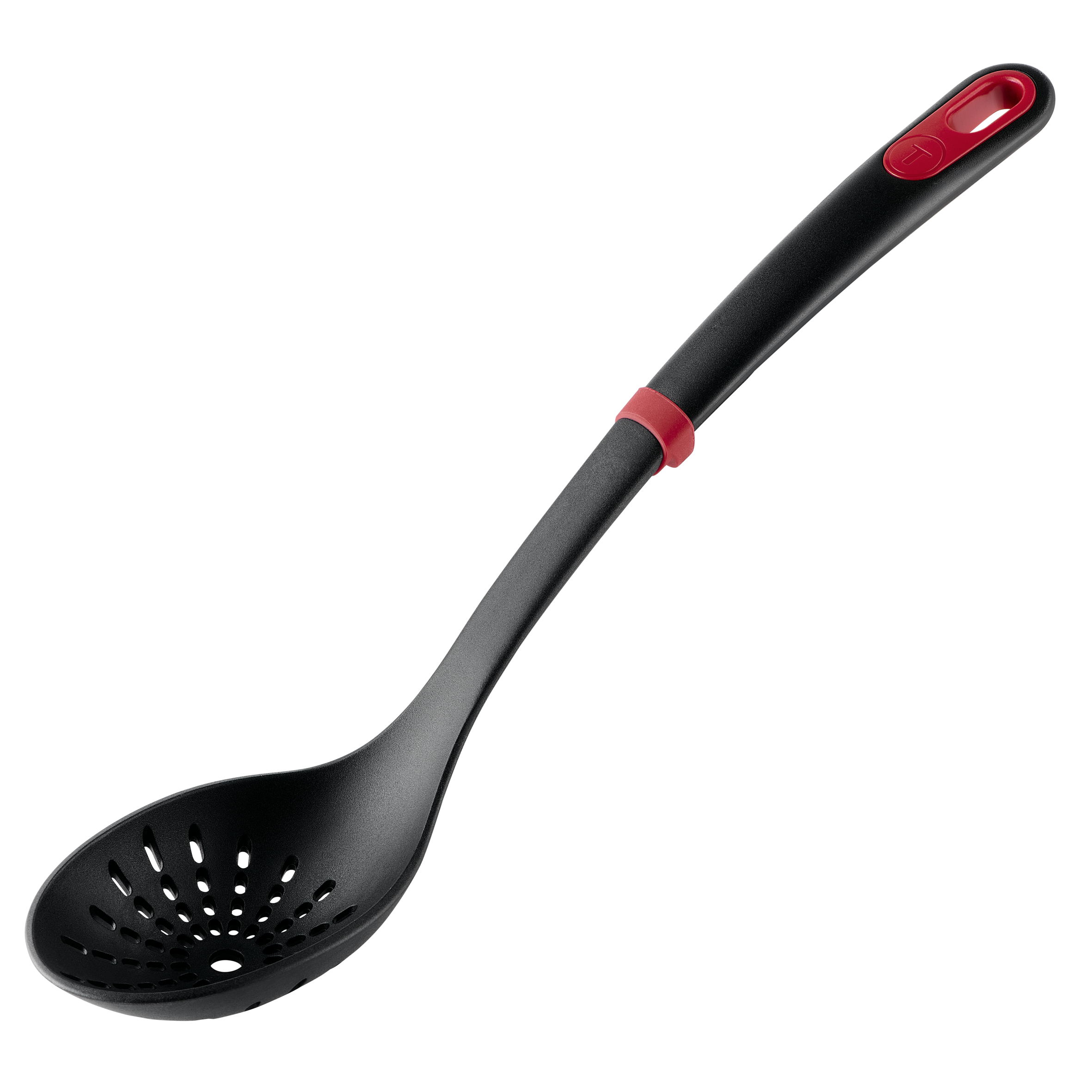 Ingenio+ Cucharón colador, Robusto, Resistente al calor hasta 230º, Apto para lavavajillas, Negro y rojo