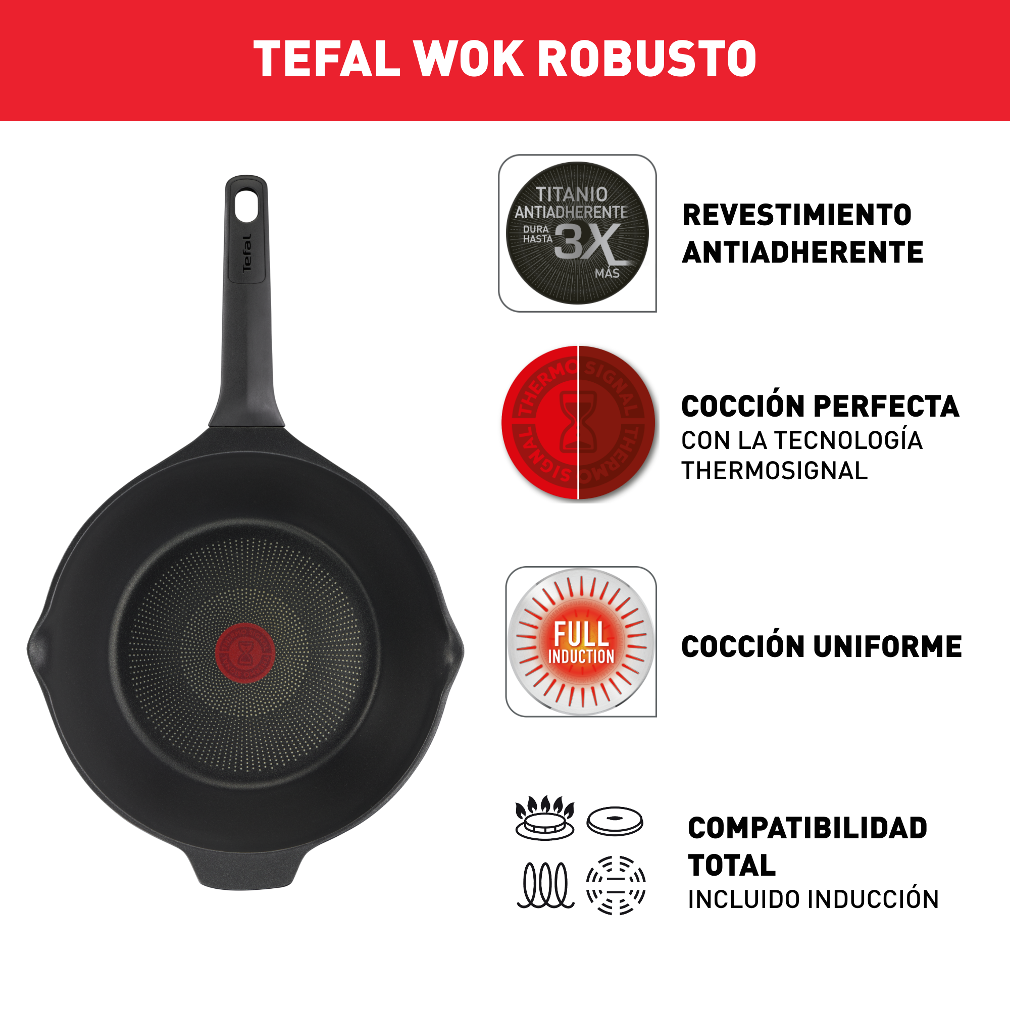 Robusto, Sartén Wok 28 cm, Aluminio fundido, Retención de calor, Revestimiento antiadherente, Negro