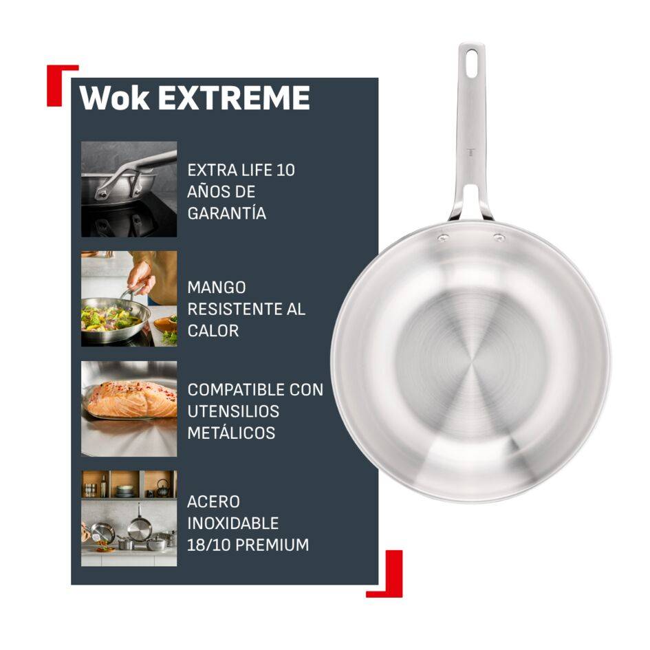 Extreme Wok de 28 cm, Acero Inoxidable Premium, Compatible con inducción, 4-5 personas