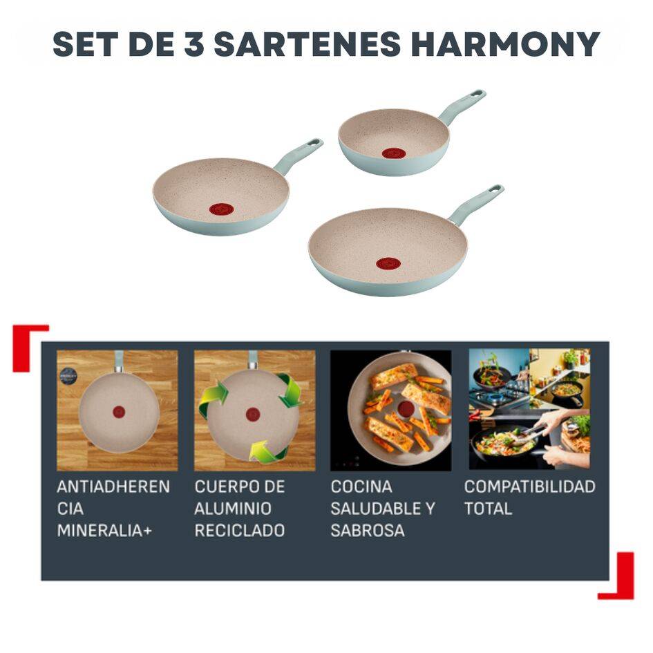 Harmony, Set 3 sartenes 20/24/28 cm, Revestimiento antiadherente Mineralia+, Aluminio de aluminio 100% reciclado, Thermo-Signal, Eucalipto