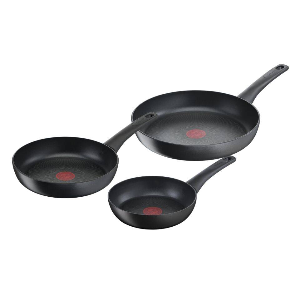 Ultimate On, Set 3 sartenes de Mango Fijo, 20/24/28 cm, Revestimiento antiadherente, Inducción, Negro