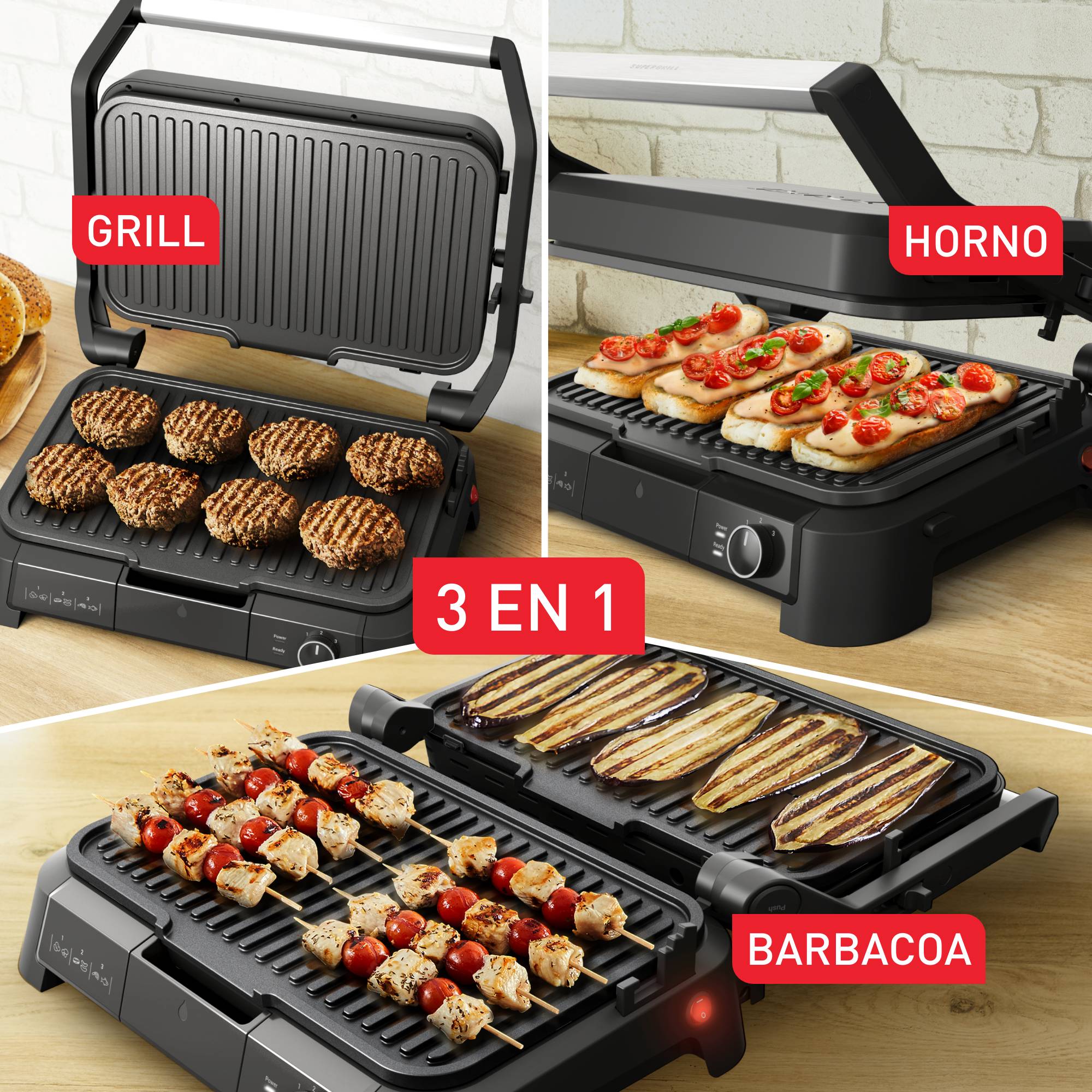SuperGrill 3 en 1 XL, Grill, Barbacoa y Horno, 2200 W, Termostato Regulable, Superficie Amplia, Inox