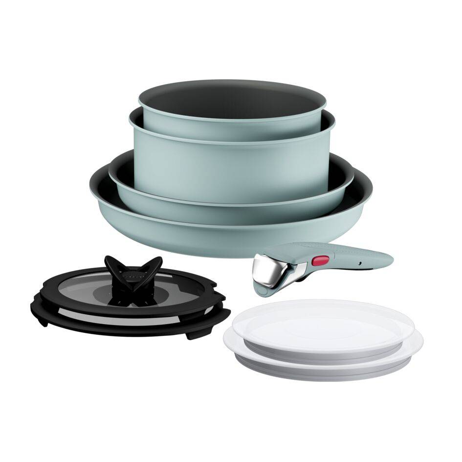 Ingenio Halo, Set De Cocina De 9 Piezas, 2 Sartenes, 2 Cazos, 4 tapas, Mango extraíble, Apilable, Eucalipto