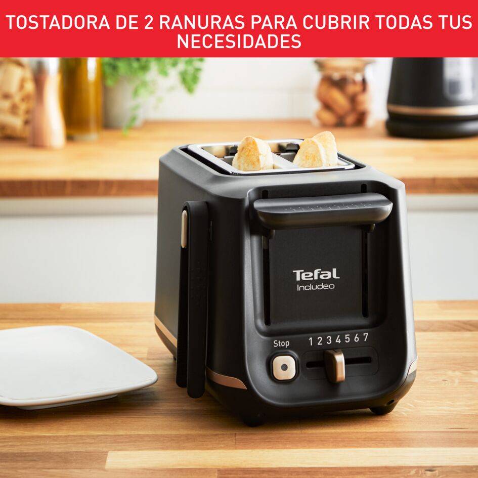 Includeo, Tostadora de 2 ranuras, Pinzas Magnéticas, 7 niveles de tostado, Negro
