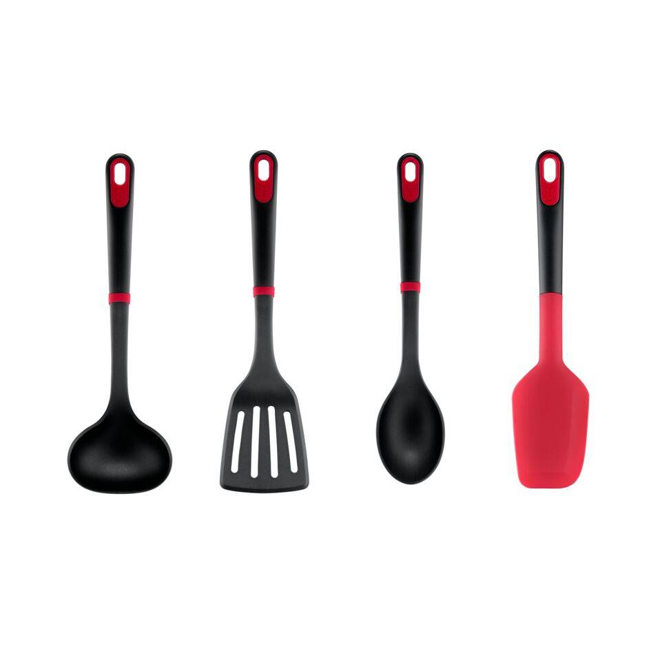 Ingenio+ Set de 4 utensilios esenciales, Resistente al calor hasta 230 °C, Apto para lavavajillas, Negro y rojo