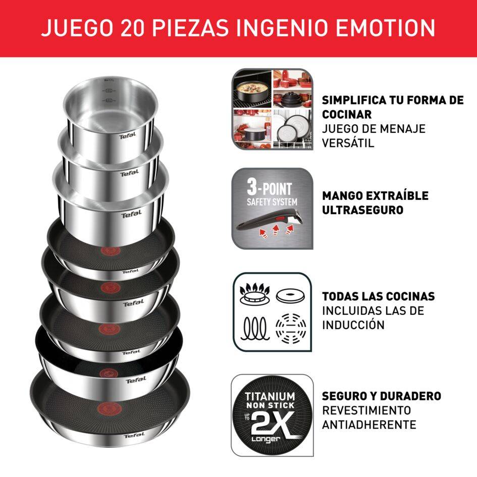 Ingenio Emotion On, Set de 20 piezas, Incluye Mangos Extraíbles, Acero Inoxidable 18/10, Revestimiento antiadherente, Apilable, Inducción