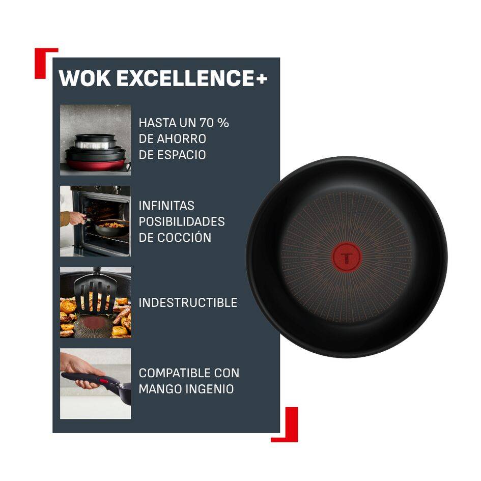 Ingenio Excellence+ Wok de 28 cm, Apilable, Mango extraíble, Revestimiento antiadherente, Compatible con inducción