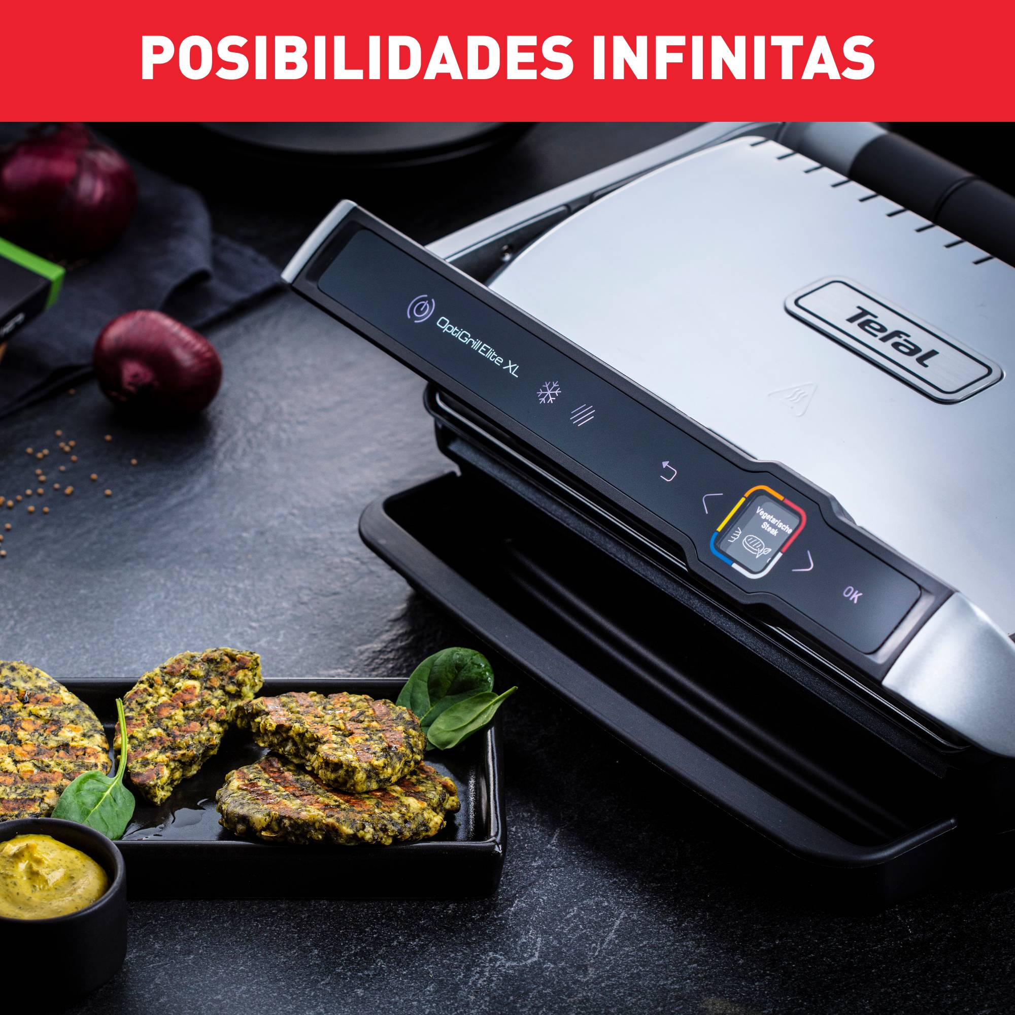 Optigrill Elite XL, Grill, 16 Programas, 6 Personas, Inox, Superficie de cocción de 40x20 cm