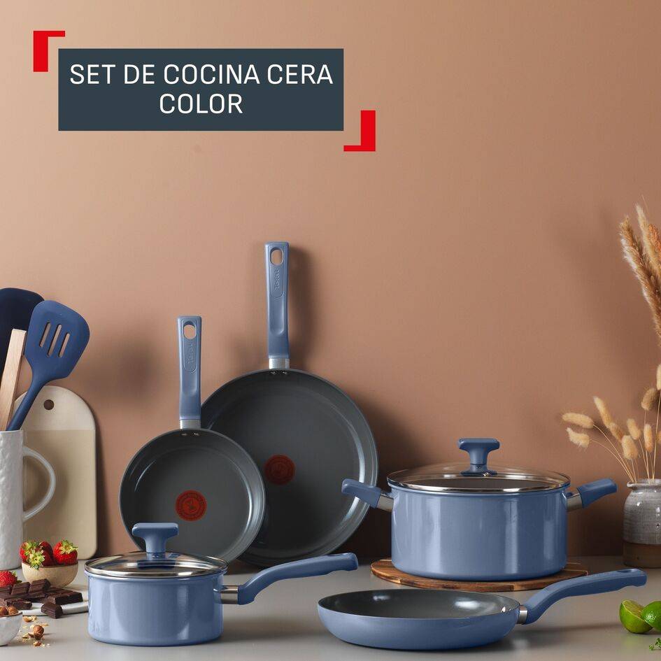 Cera Color, Set de cocina de 7 piezas, Sartenes 20/24/28 cm, Cazo 16 cm, Olla 24 cm, 2 Tapas, Revestimiento antiadherente, Azul
