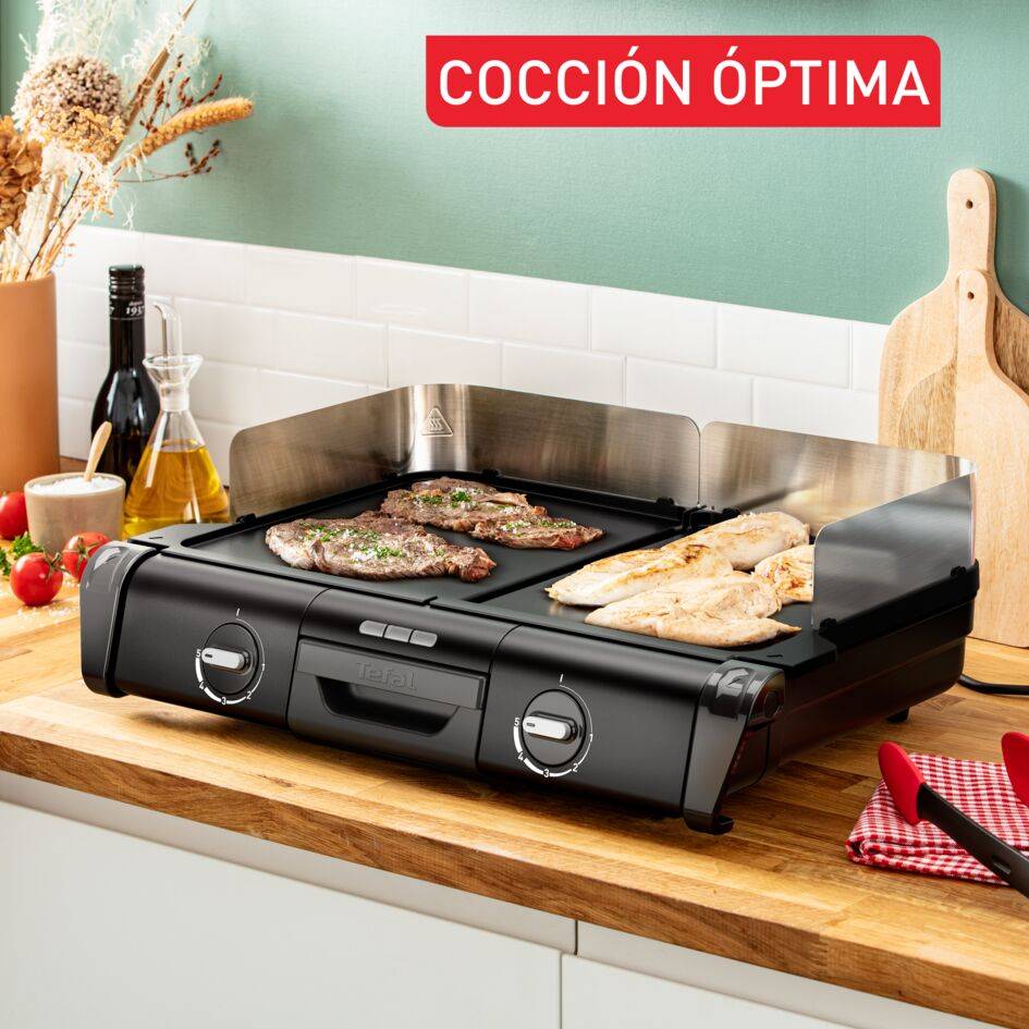 Family Grill Plancha, Grill de interior y exterior, 2 superficies de cocción con termostatos individuales, asados saludables