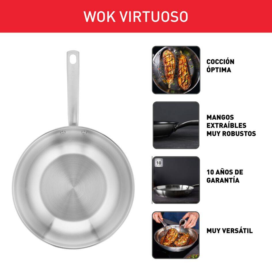 Virtuoso, Wok 28 cm, Acero inoxidable sin antiadherente