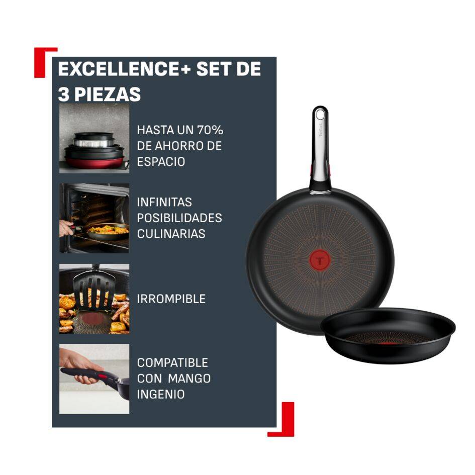 Ingenio Excellence+, Set de 3 piezas, Sartenes 24/28 cm, Mango extraíble, Apilable, Antiadherente, Inducción, Compatible
