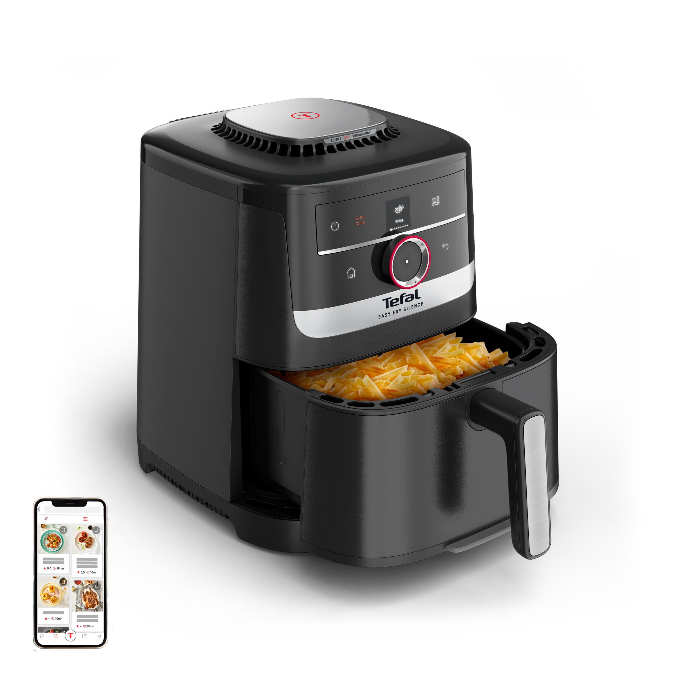 Easy Fry Smart & Silence, Freidora aire de 5 L, Tecnología silenciosa, Sistema Smart Assist, Negra