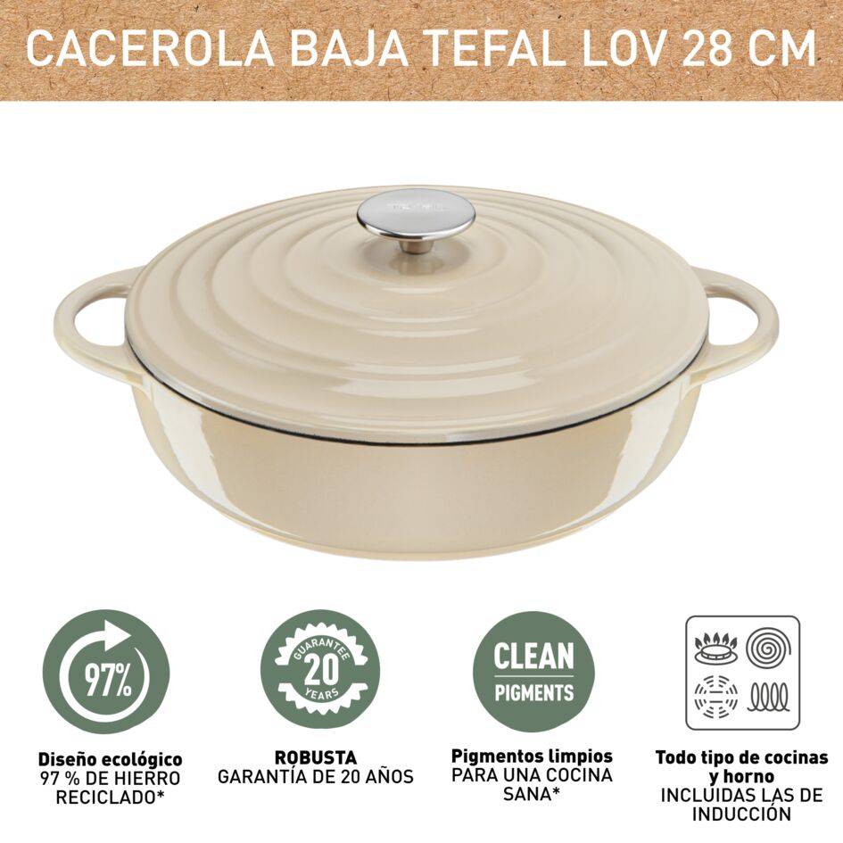 LOV, Cacerola baja de 28 cm, Diseño Eco, Incluye Tapa, Beige