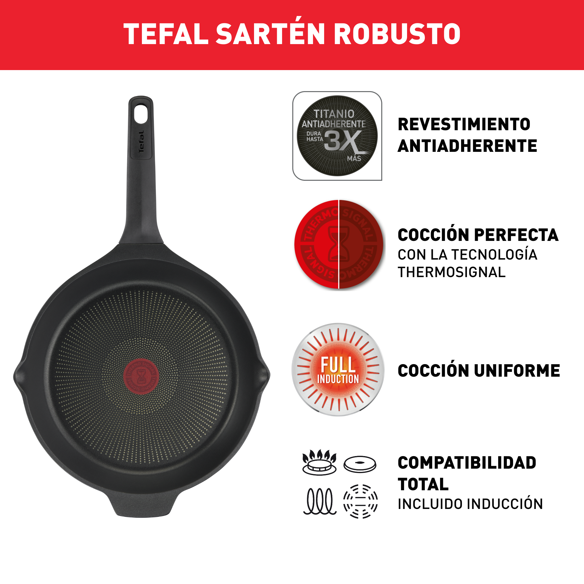Robusto, Sartén 22 cm, Aluminio fundido, Retención de calor, Revestimiento antiadherente, Negro