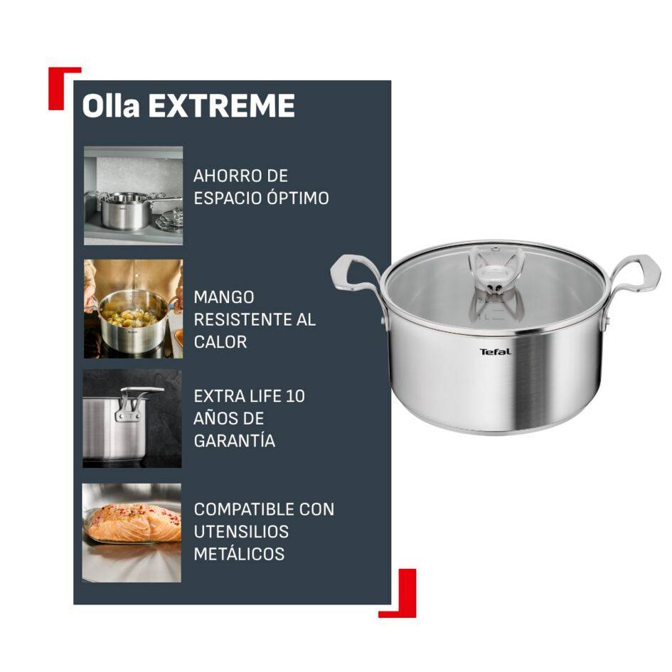 Extreme Cazuela de 24 cm + tapa, Acero inoxidable premium, Ahorro de espacio, Compatible con inducción, 4-5 personas