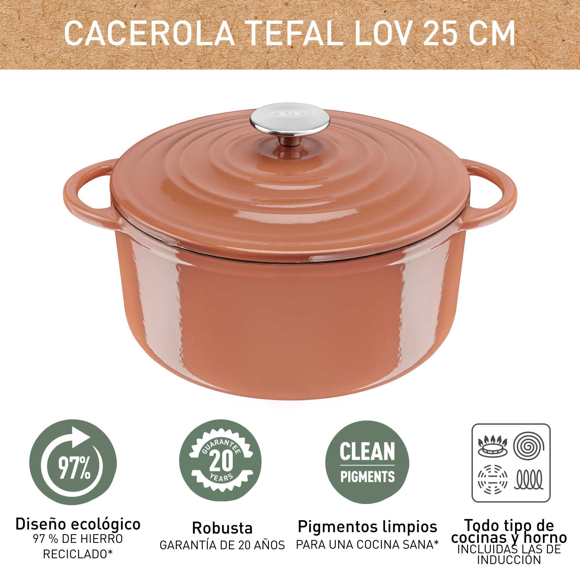 LOV, Cacerola de 25 cm, Diseño Eco, Incluye Tapa, Terracotta