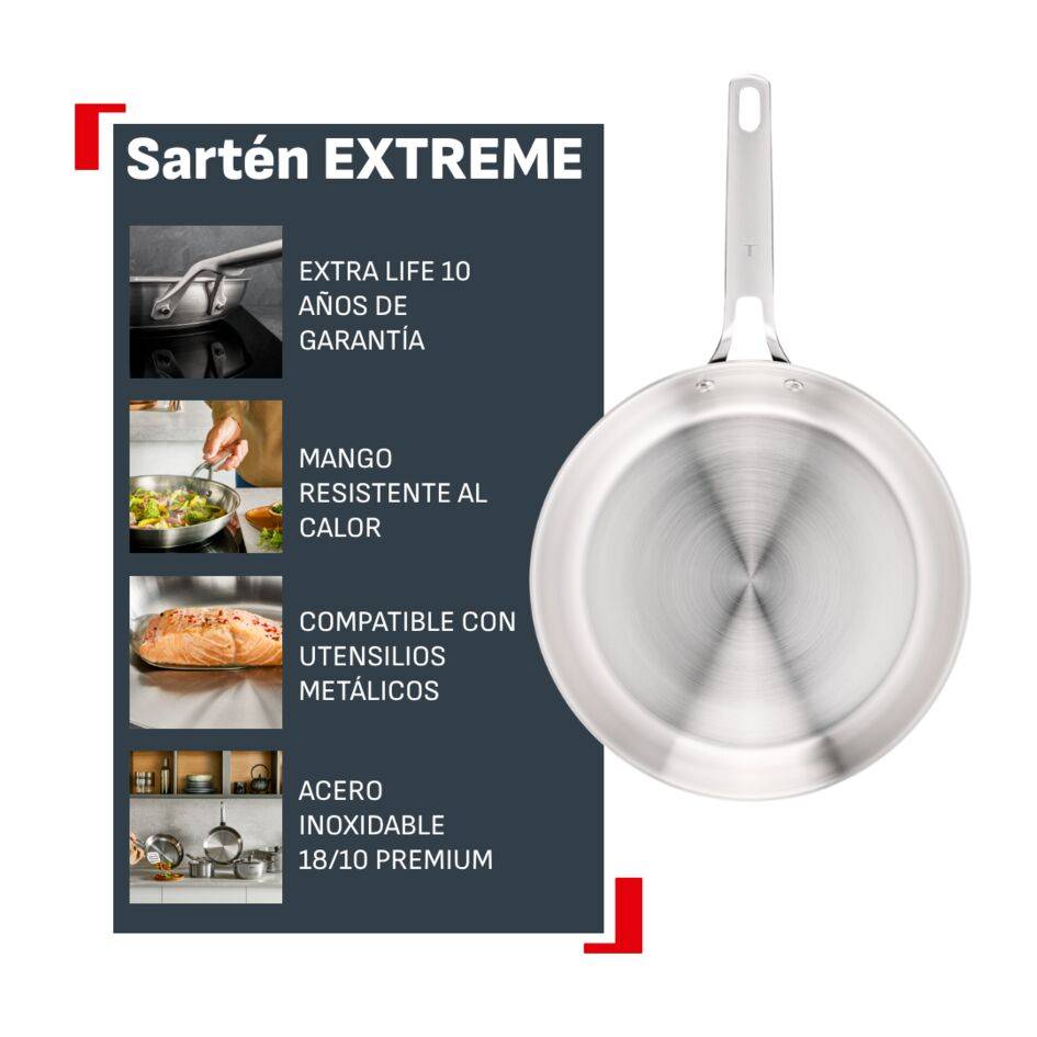Extreme Sartén 28 cm, Acero inoxidable premium, Sin revestimiento, Garantía 10 años, Compatible con inducción