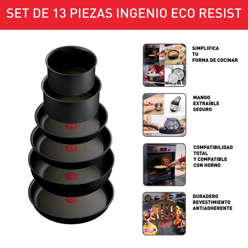 Ingenio Eco Resist, Set de Cocina de 13 Piezas, Apilable, Revestimiento Antiadherente Seguro, Indicador de Temperatura
