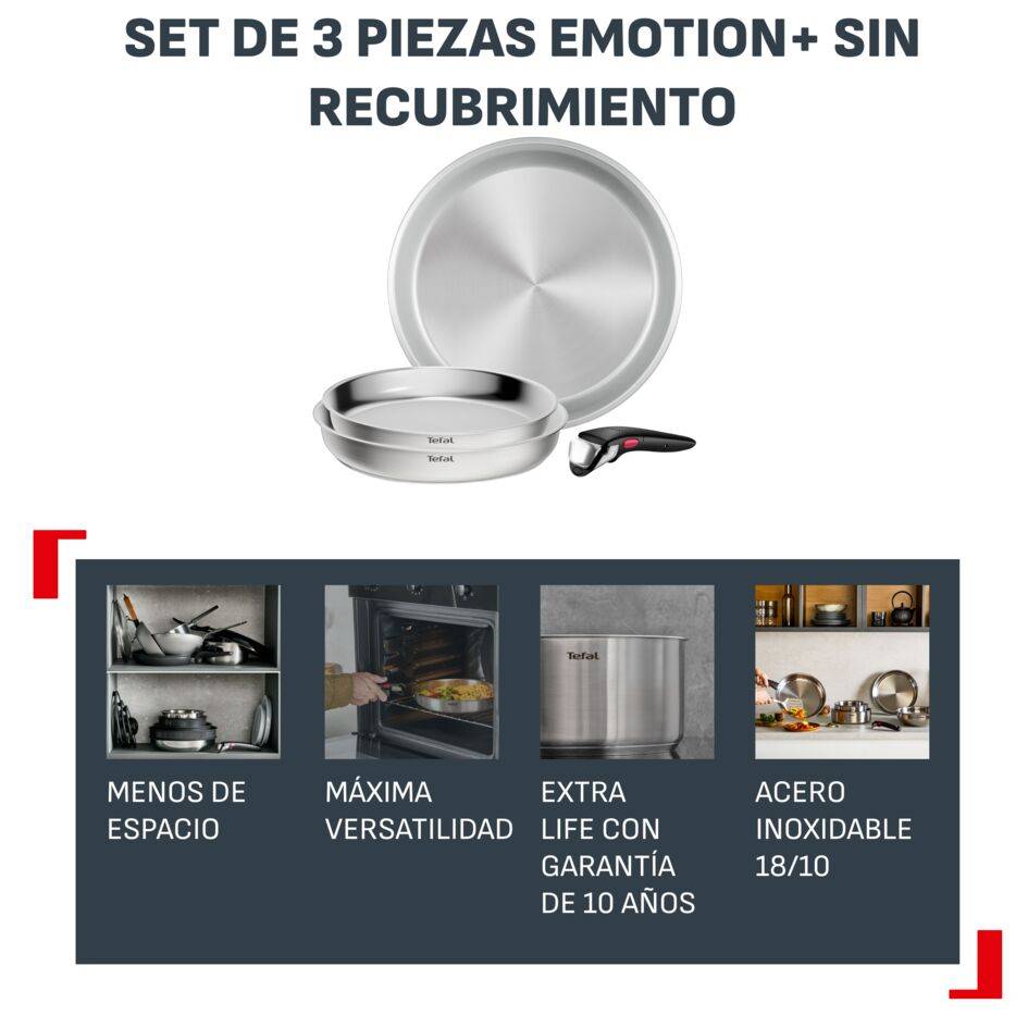Ingenio Emotion+, Set de 4 piezas, Acero inoxidable premium, Sin revestimiento, Mango extraíble, Apilable, Apta con inducción