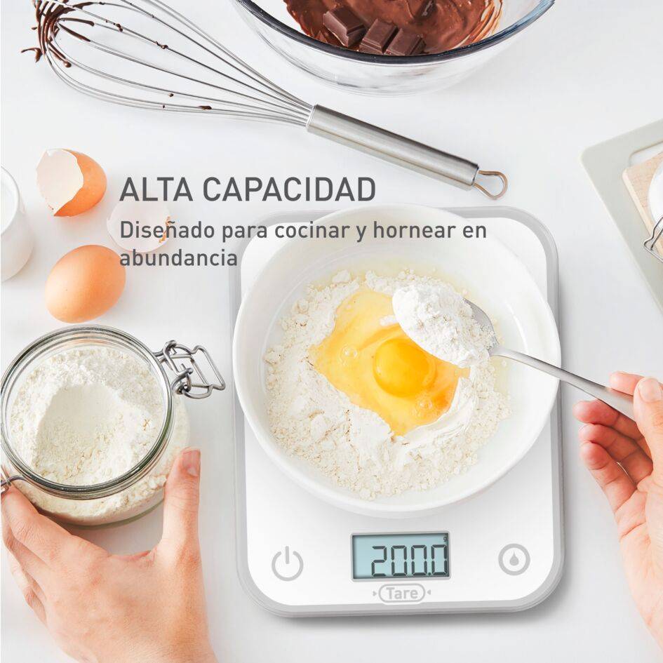 Optiss, Báscula Electrónica de Cocina, Pantalla Retroiluminada de Fácil Lectura, Antirrayaduras, 5 kg de Capacidad, Pilas Incluidas, Blanco