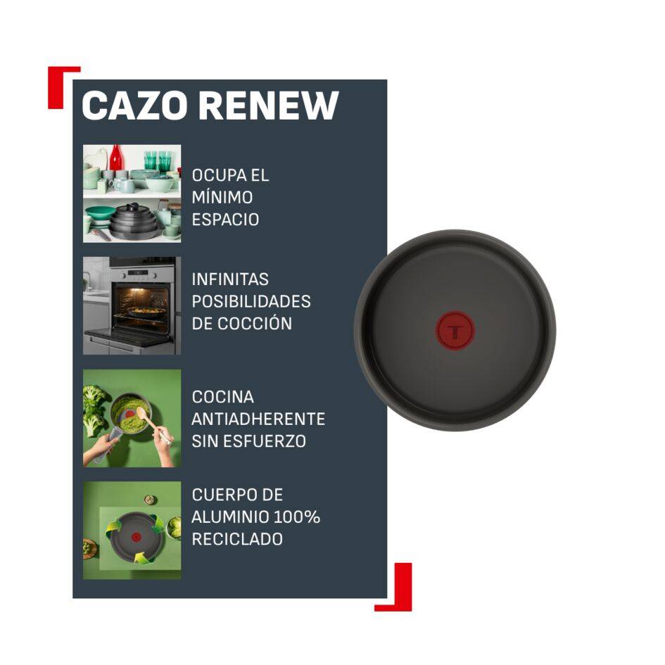Ingenio Renew Ceram, Cazo de 18 cm, Revestimiento cerámico antiadherente, Apilable, Mango extraíble, Compatible con inducción