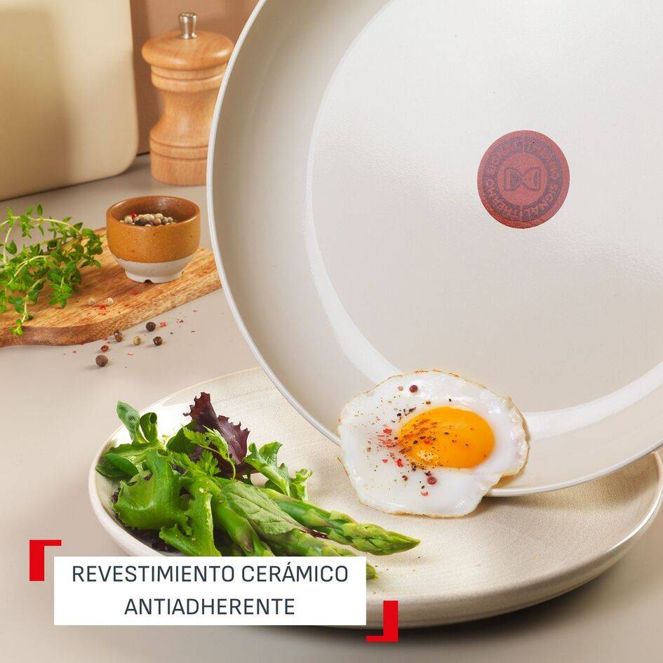 Cera Bright, Set de cocina de cerámica, Sartén 20/24/28 cm, Cazo 16 cm, Olla 24 cm, 2 tapas, Revestimiento antiadherente, Indicador de calor