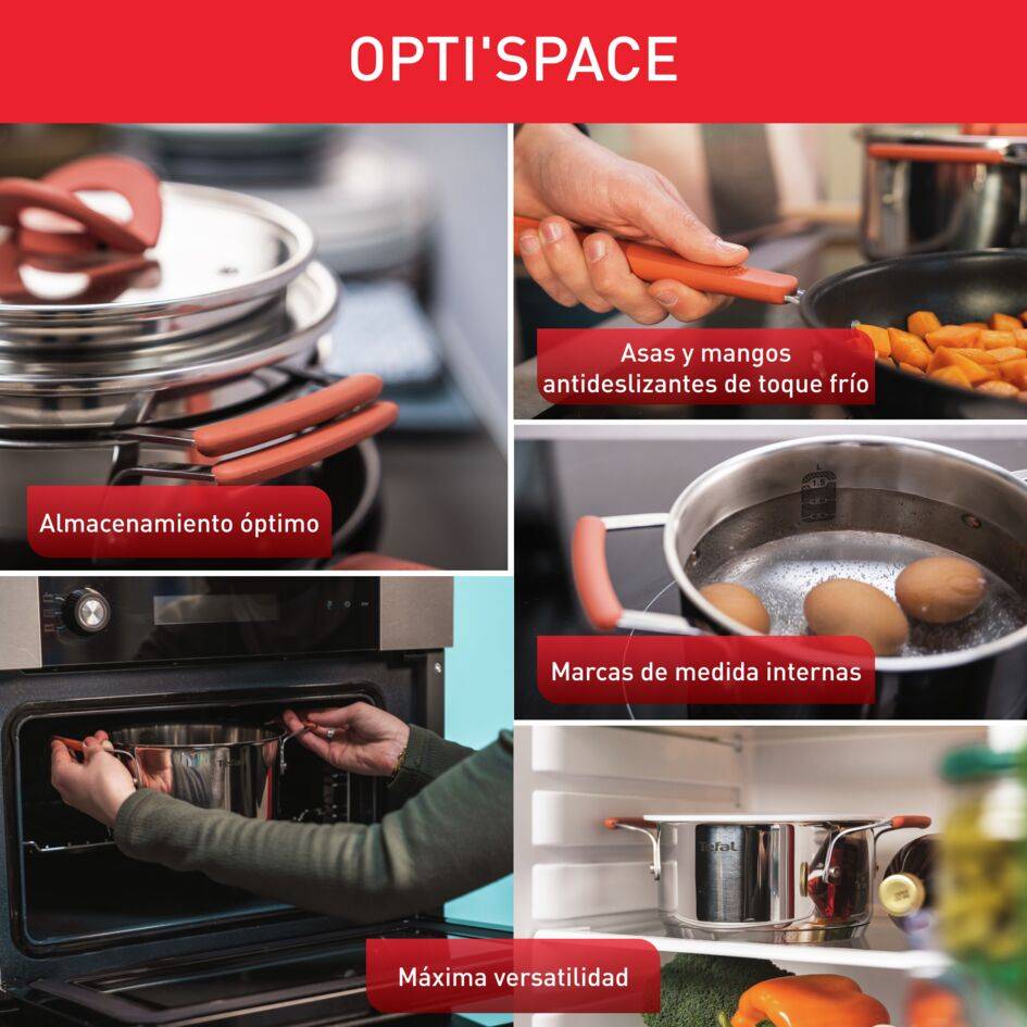 Opti'space, Set 3 Cacerolas + 3 Tapas, 18/20/24 cm, 2,1/3/5,2 L, Formato Apilable, Inducción, Acero Inoxidable