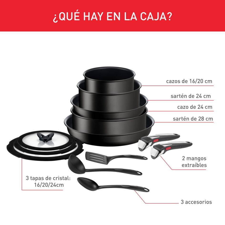 Ingenio Unlimited On, Set de cocina 13 piezas, Apilable, Mango Extraíble, Aluminio, Inducción