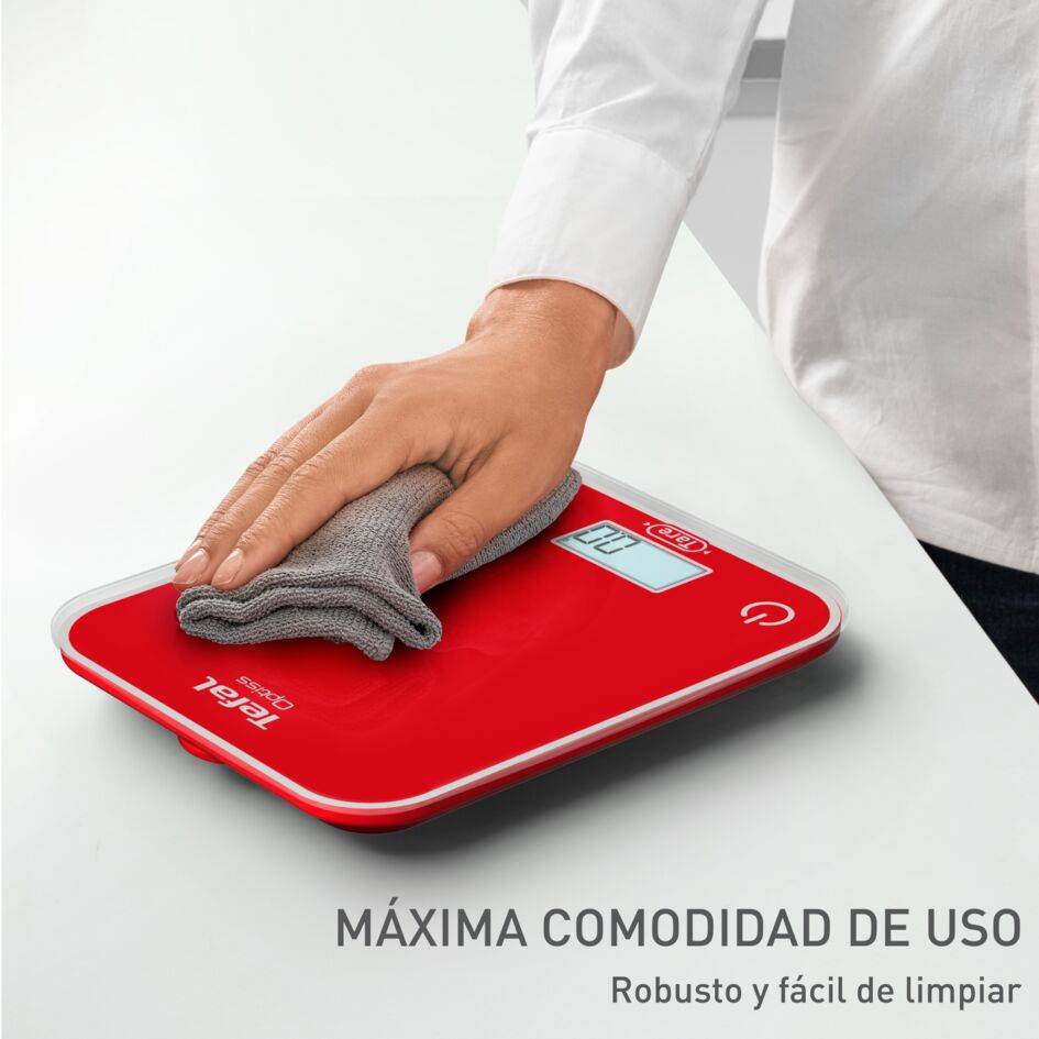 Optiss, Báscula Electrónica de Cocina, Pantalla Retroiluminada de Fácil Lectura, Antirrayaduras, 5 kg de Capacidad, Pilas Incluidas, Rojo