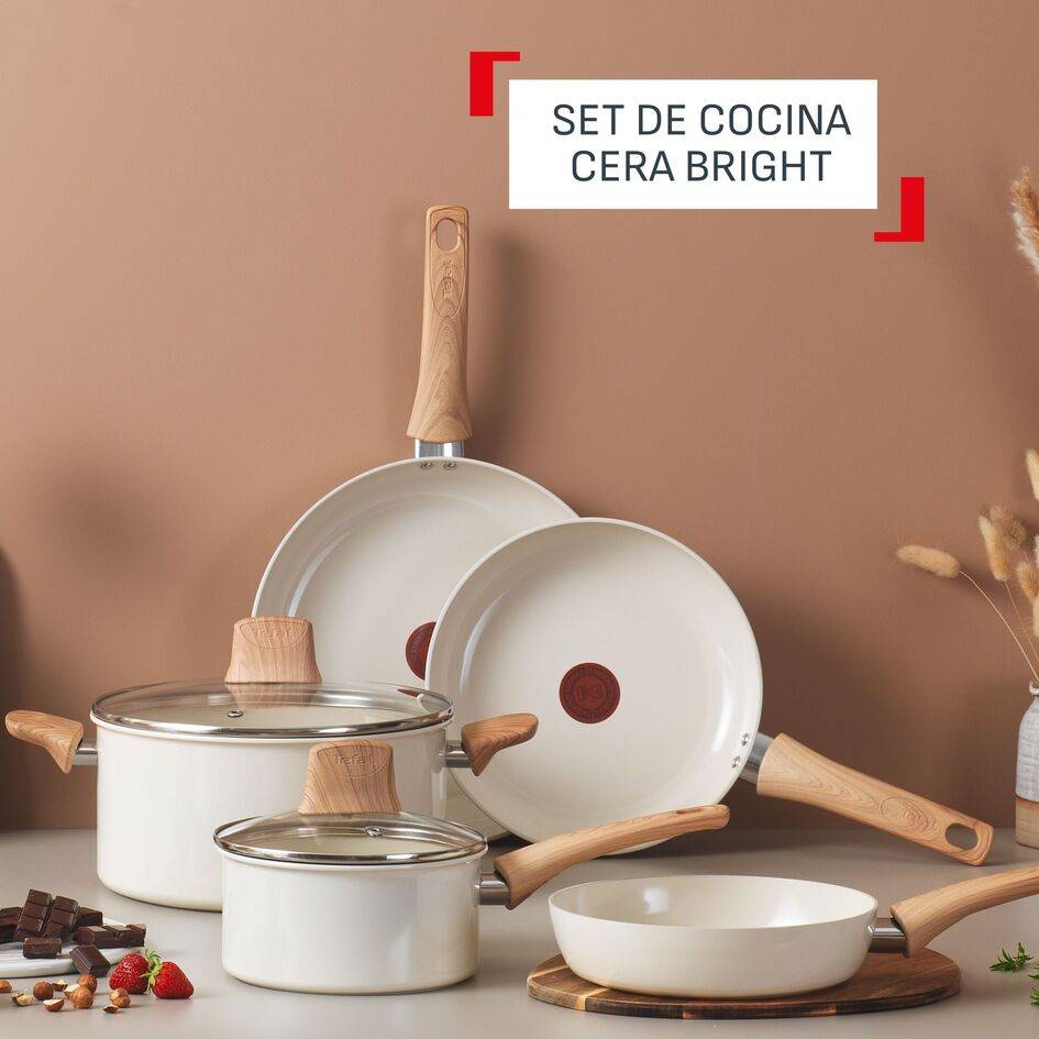 Cera Bright, Set de cocina de cerámica, Sartén 20/24/28 cm, Cazo 16 cm, Olla 24 cm, 2 tapas, Revestimiento antiadherente, Indicador de calor