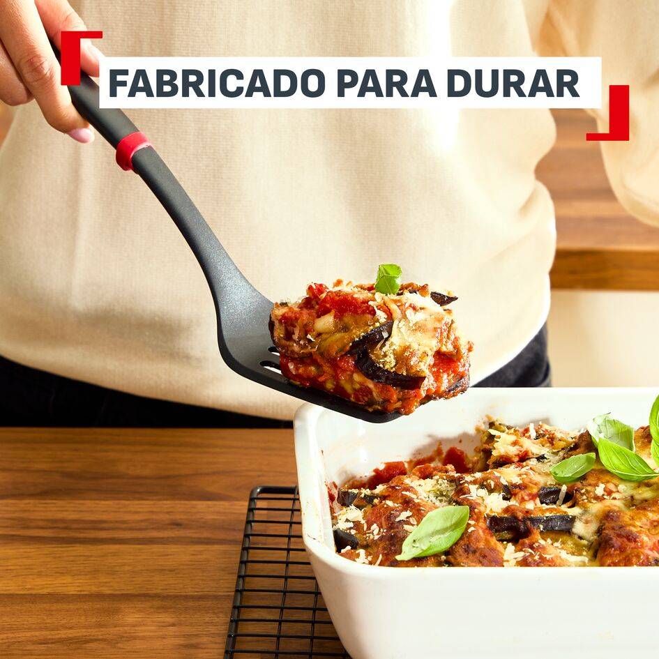 Ingenio+, Espátula ranurada, Robusta, Resistente al calor hasta 230°C, Apta para lavavajillas, Resistente a las manchas, Negro