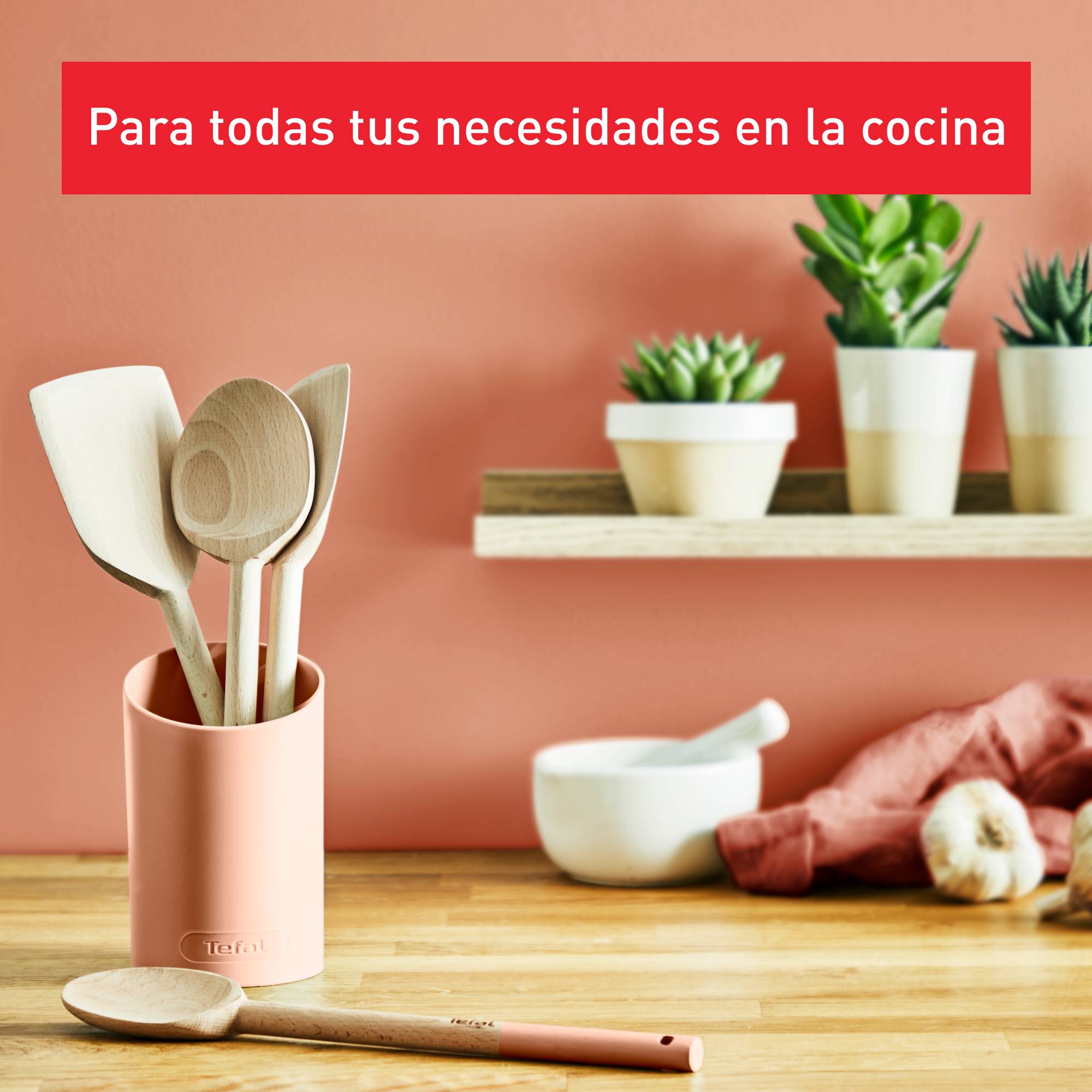 Kit Natura de 4 utensilios de cocina, Madera con mango pintado, Terracotta, Soporte