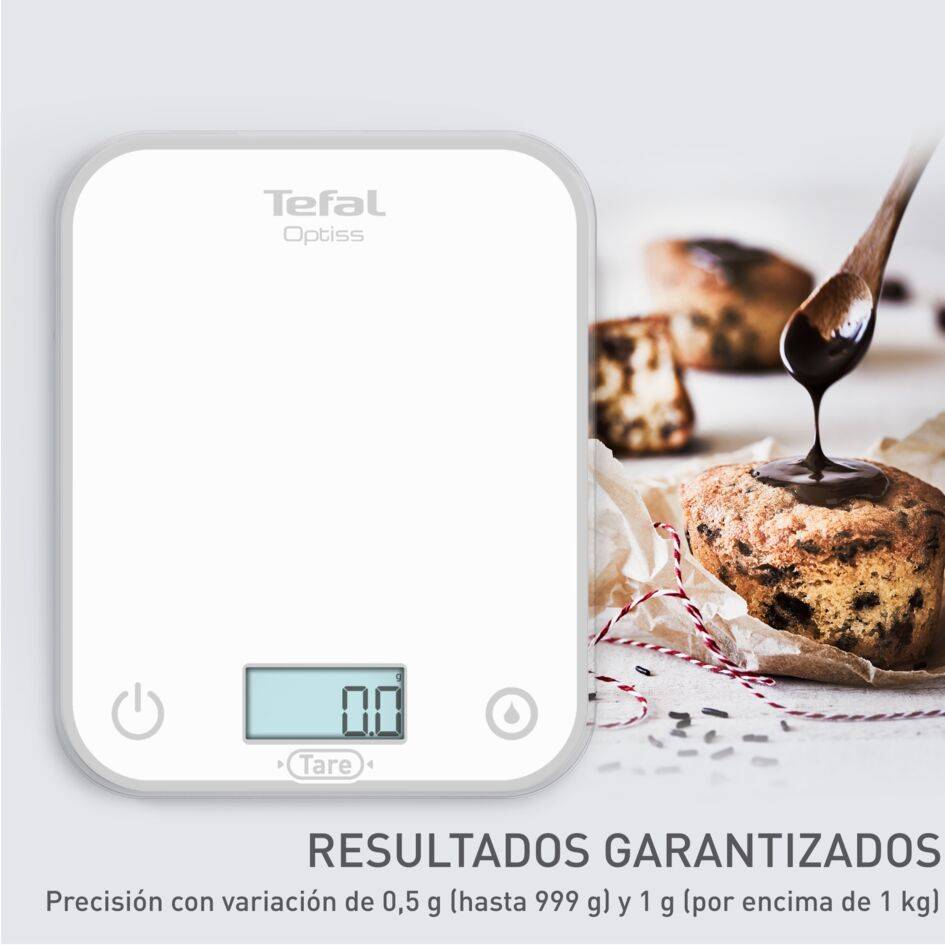 Optiss, Báscula Electrónica de Cocina, Pantalla Retroiluminada de Fácil Lectura, Antirrayaduras, 5 kg de Capacidad, Pilas Incluidas, Blanco