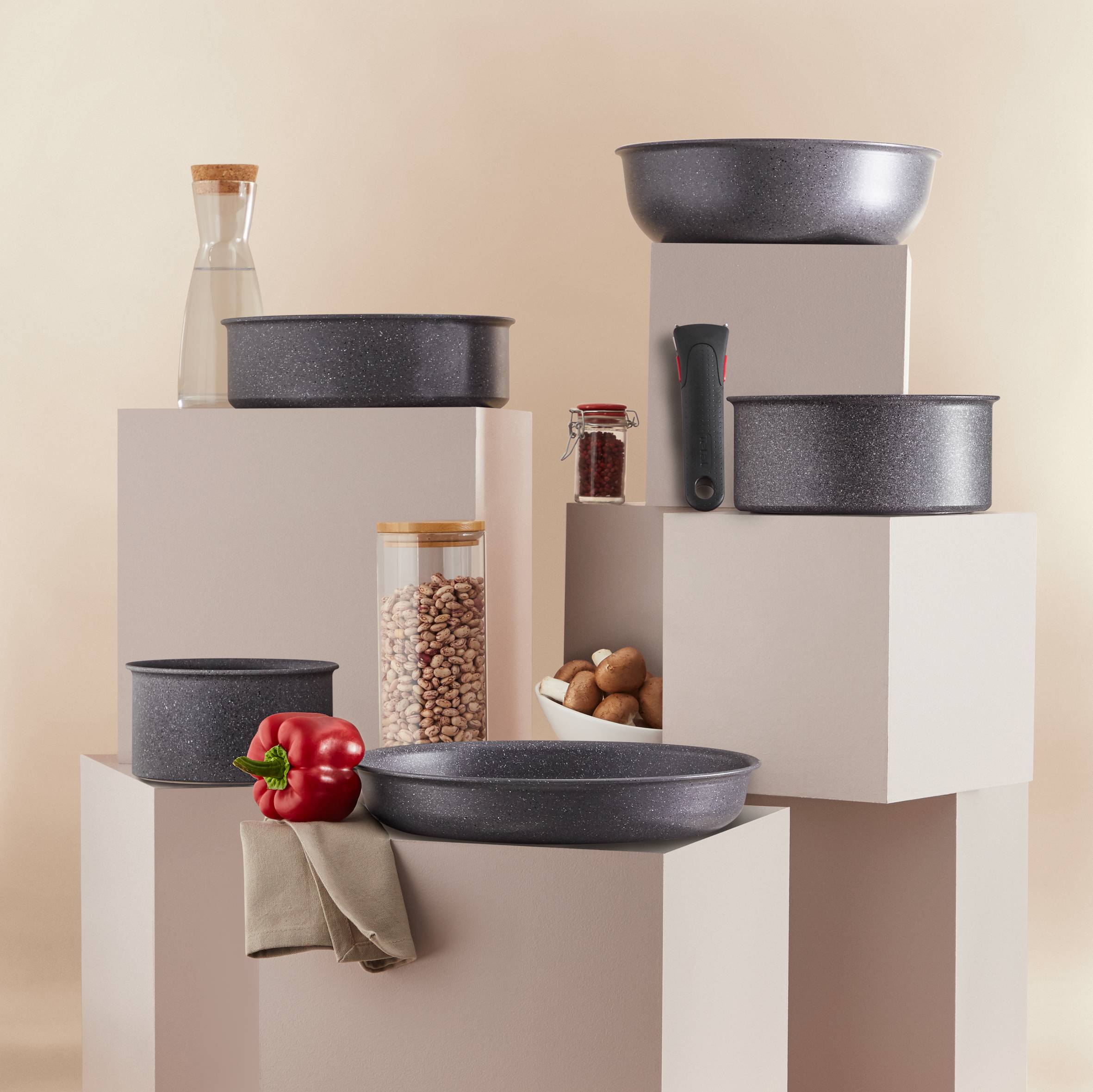 Ingenio Natural Force, Set cazos 4 piezas, 16/18/20 cm, Mango extraíble, Minerales, Aluminio, Inducción