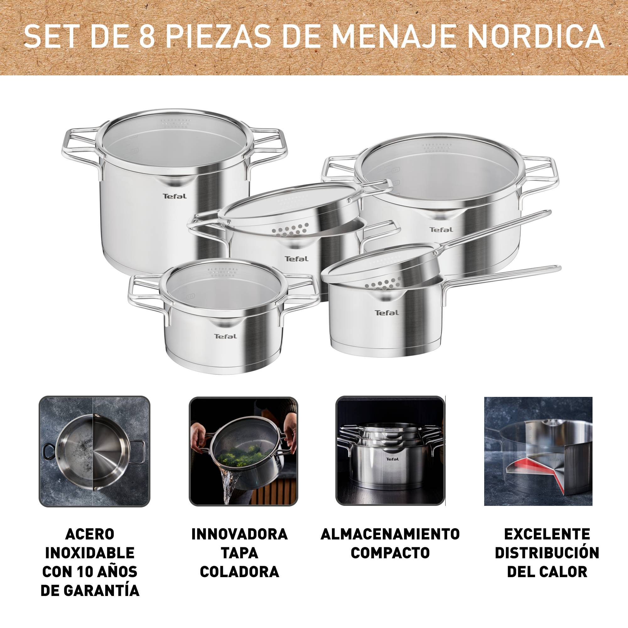 Nordica, Set de cocina, 8 piezas, Inducción, Acero inoxidable, Ventana de Cristal, Almacenamiento Compacto