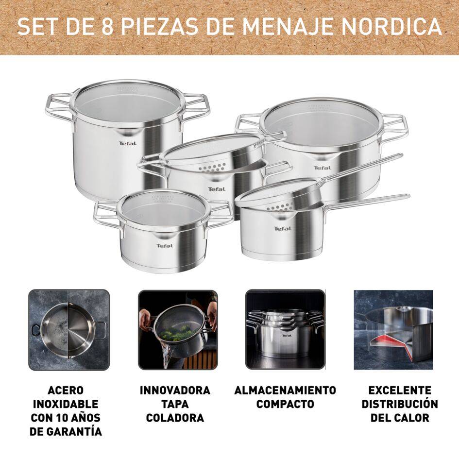Nordica, Batería de cocina de 8 piezas, Inducción, Acero inoxidable, Ventana de Cristal, Almacenamiento Compacto