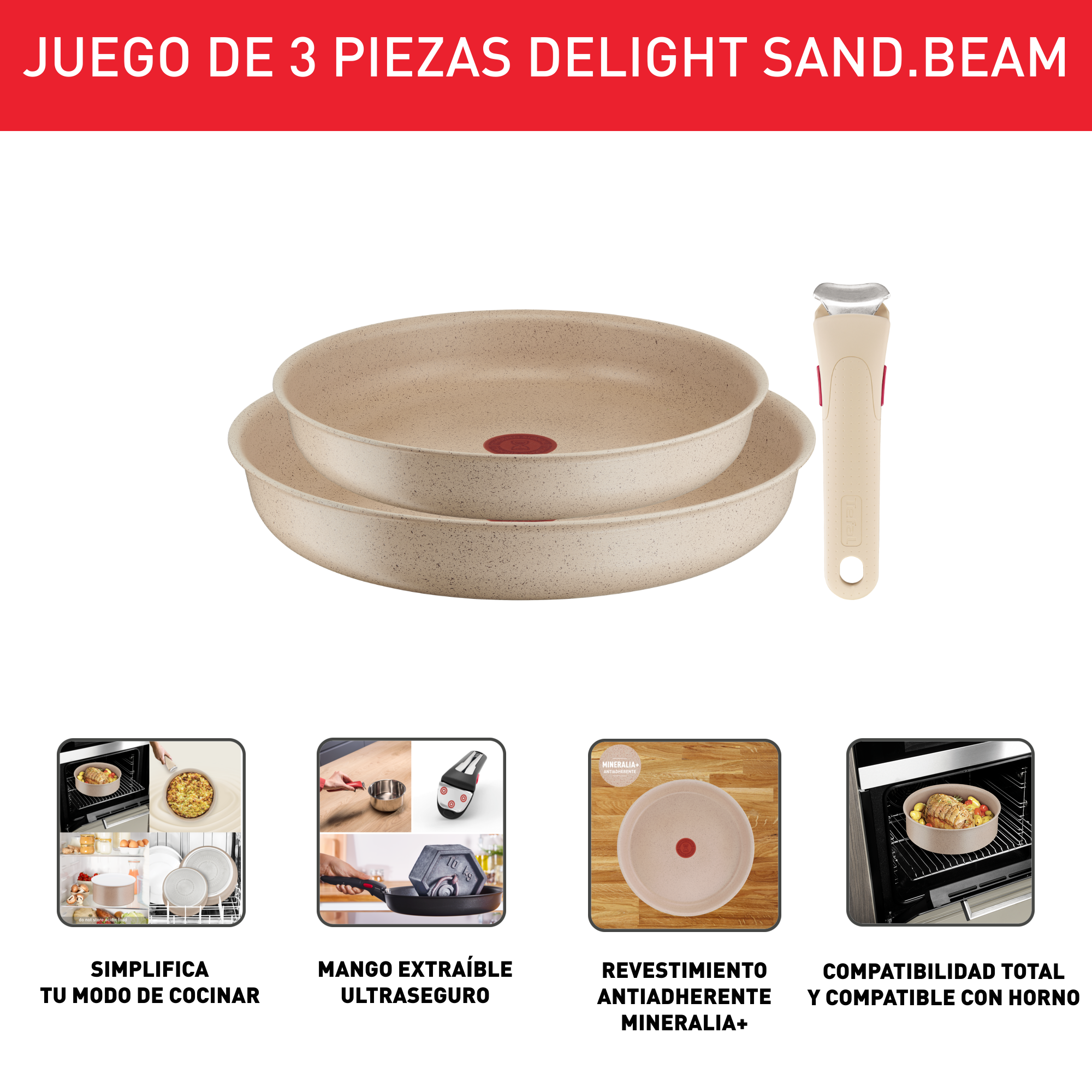 Ingenio Delight, Sartenes de 24/28 cm, Mango extraíble, Apilables, Revestimiento Antiadherente, Cuerpo de Aluminio 100% Reciclado
