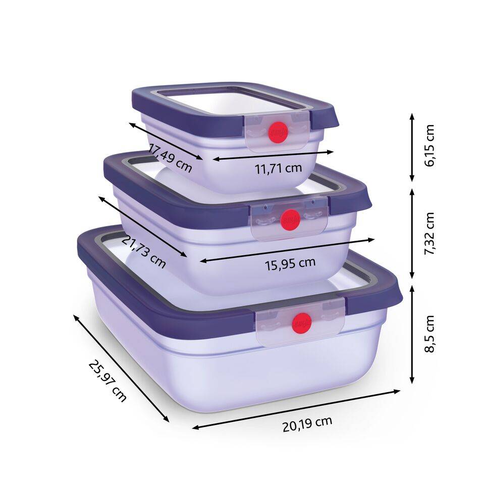 TEFAL oneClick, Set de 3 piezas, Herméticos, Sistema One-Click, Violeta, x3 (0,50 L / 17,6 FLOZ, 1,20 L / 42,2 FLOZ, 2,30 L / 81,0 FLOZ)
