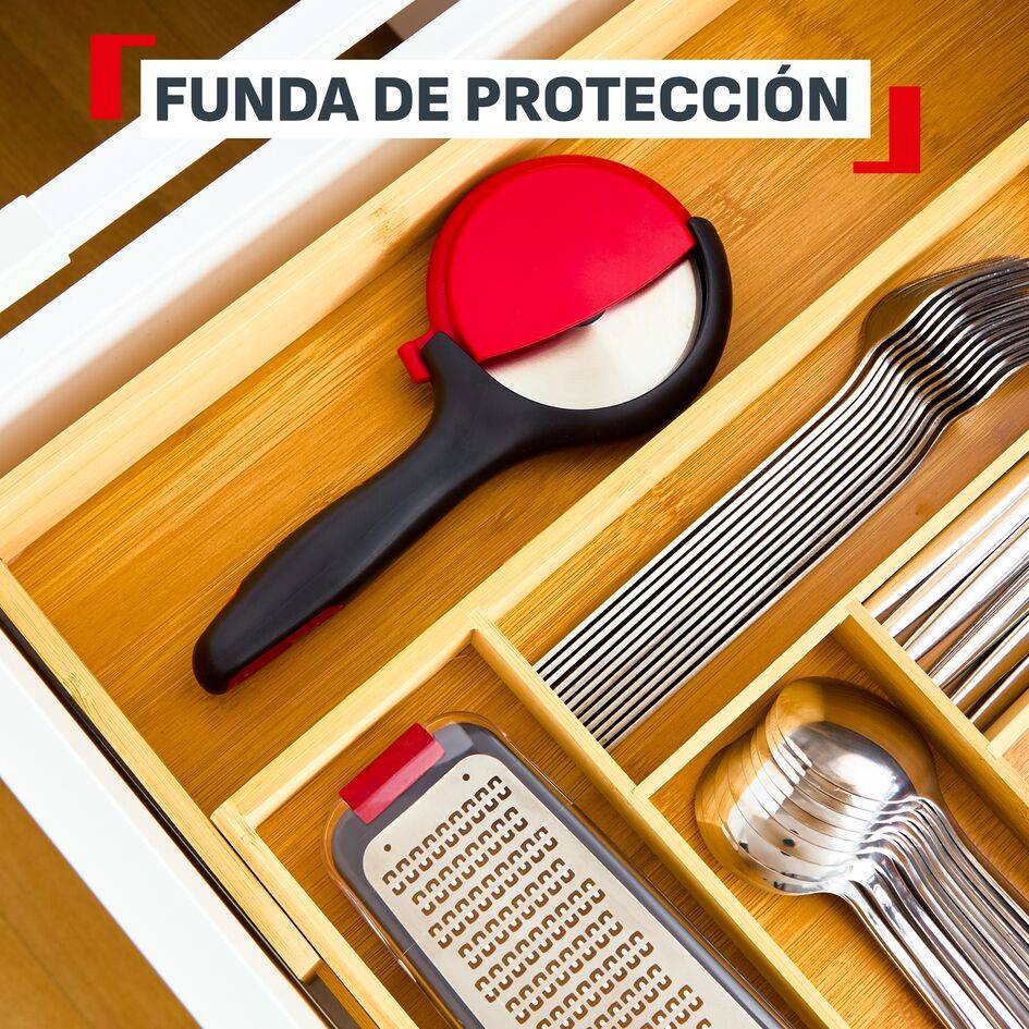 Ingenio+ Cortador de pizza, Acero inoxidable, Funda protectora, Cuchilla extraíble, Negro y rojo
