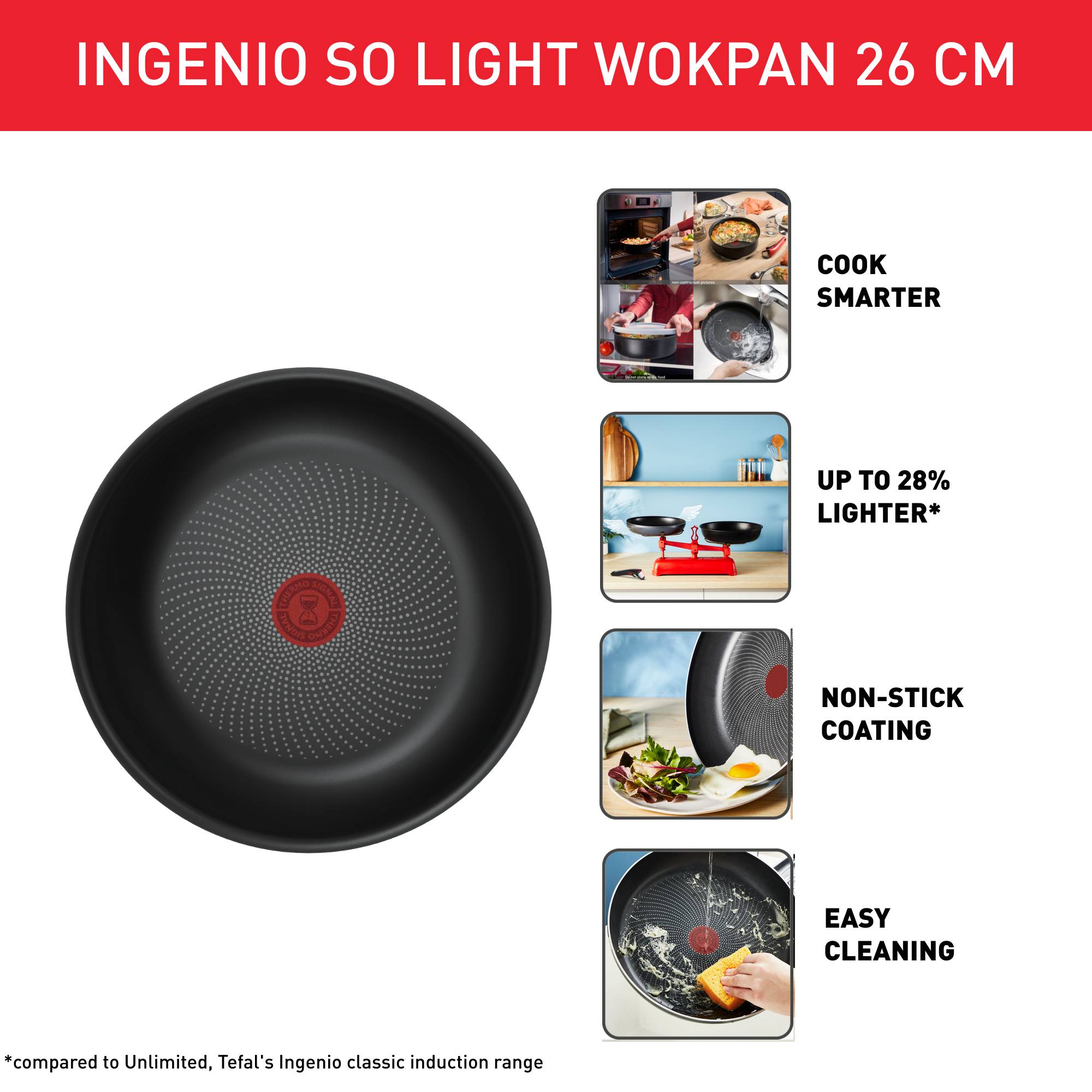 Ingenio So'Light, Wok de 26&nbsp;cm, Ligero, Inducción, Revestimiento Antiadherente