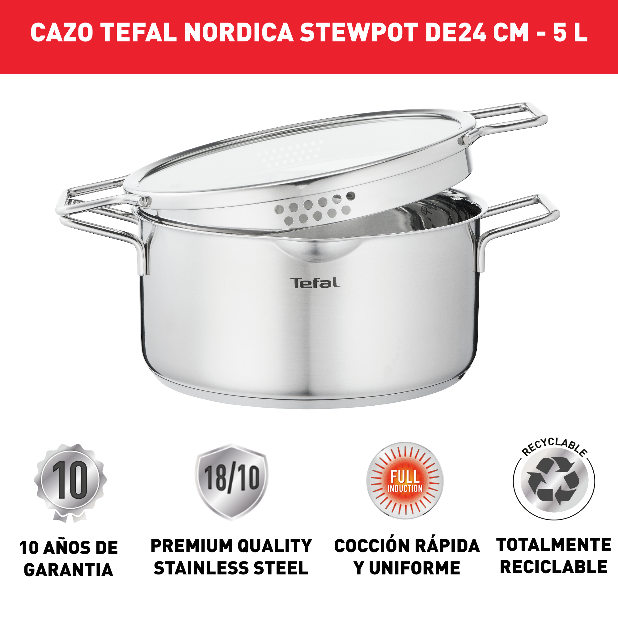 Nordica, Cacerola 24 cm + Tapa, Acero inoxidable 18/10, Doble asa patentada, Capacidad 5 L, Inducción