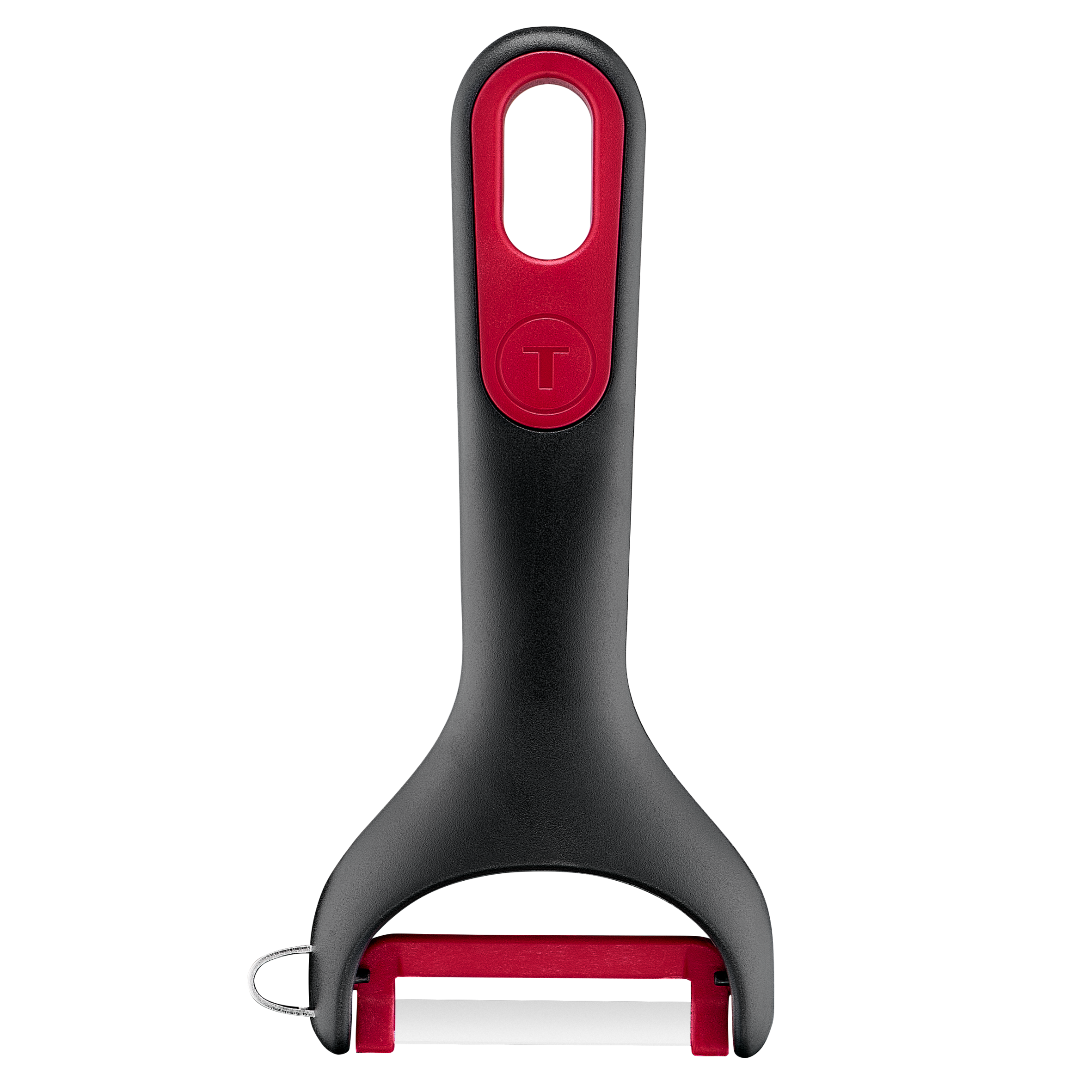 Ingenio+ Pelador en Y, Cuchilla giratoria, Acero inoxidable, Funda protectora, Apto para lavavajillas, Negro y rojo