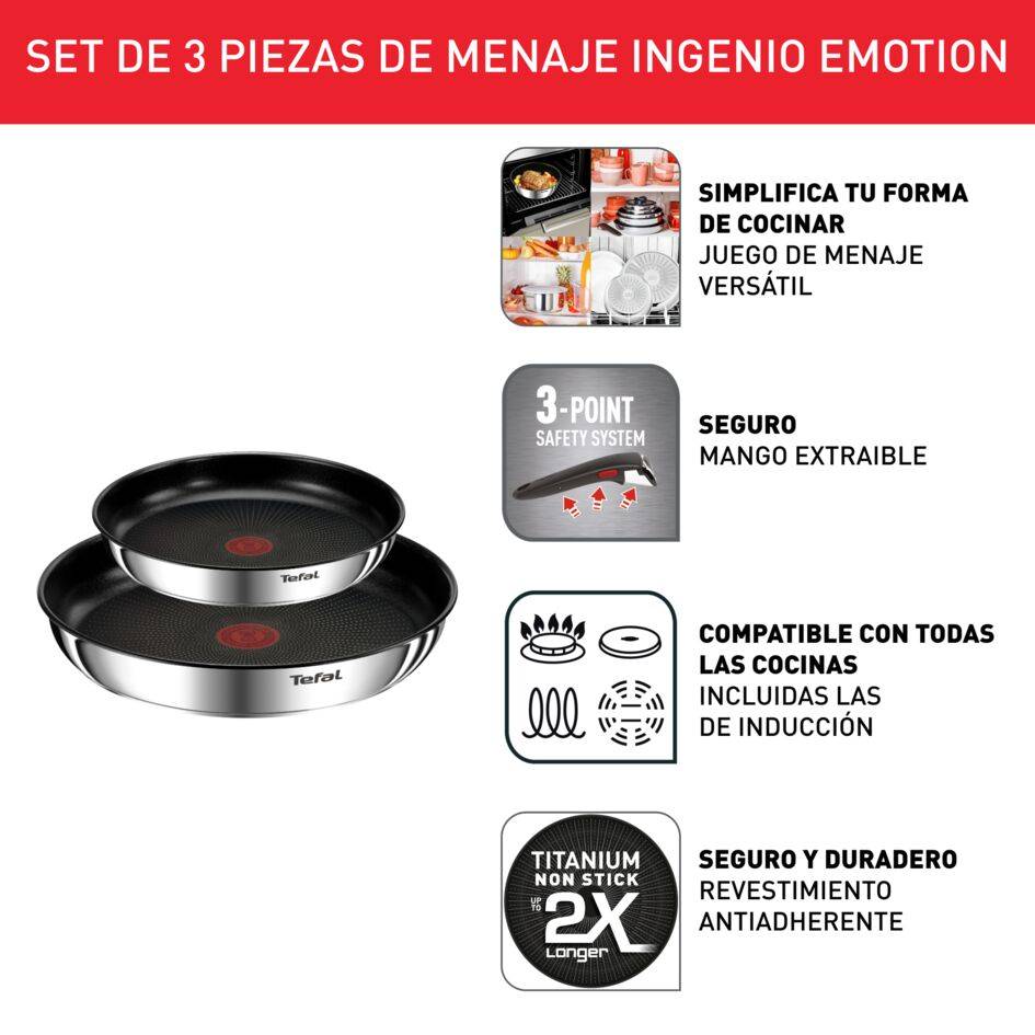 Ingenio Emotion, Sartenes 22/26 cm + Mango extraíble, Acero inoxidable 18/10, Revestimiento antiadherente, Apilable, Inducción